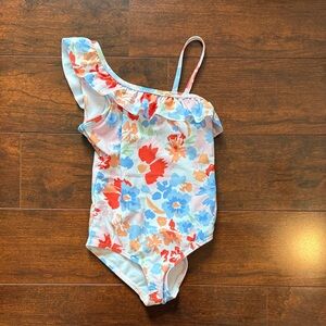 Pink Lily Girls One-Shoulder Floral Swimsuit in Red, Blue & Orange